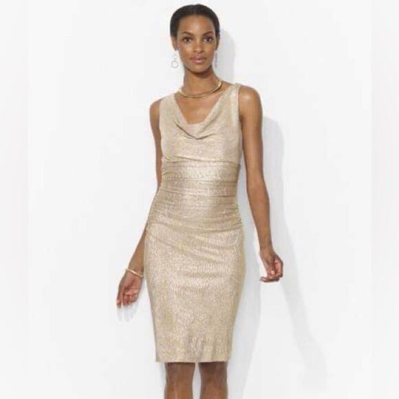 Lauren Ralph Lauren Gold Cowlneck Embellished Strap Sheath Cocktail Dress Size 6 - Picture 1 of 12